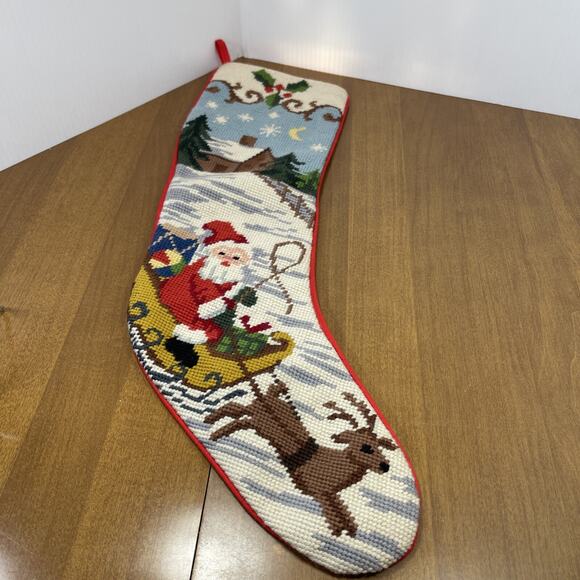 Vintage Needlepoint Christmas Stocking Santa Sleigh Reindeer Red Fabric Back - Picture 2 of 11
